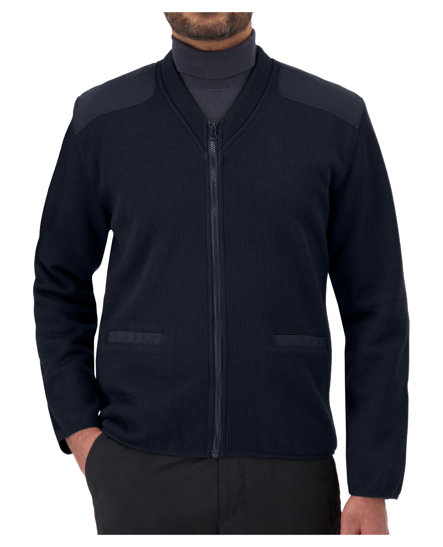Tricot à glissière style commando doublé de molleton avec col en V et poches, plaque d’insigne en option, plaque d’identification et épaulettes incluses