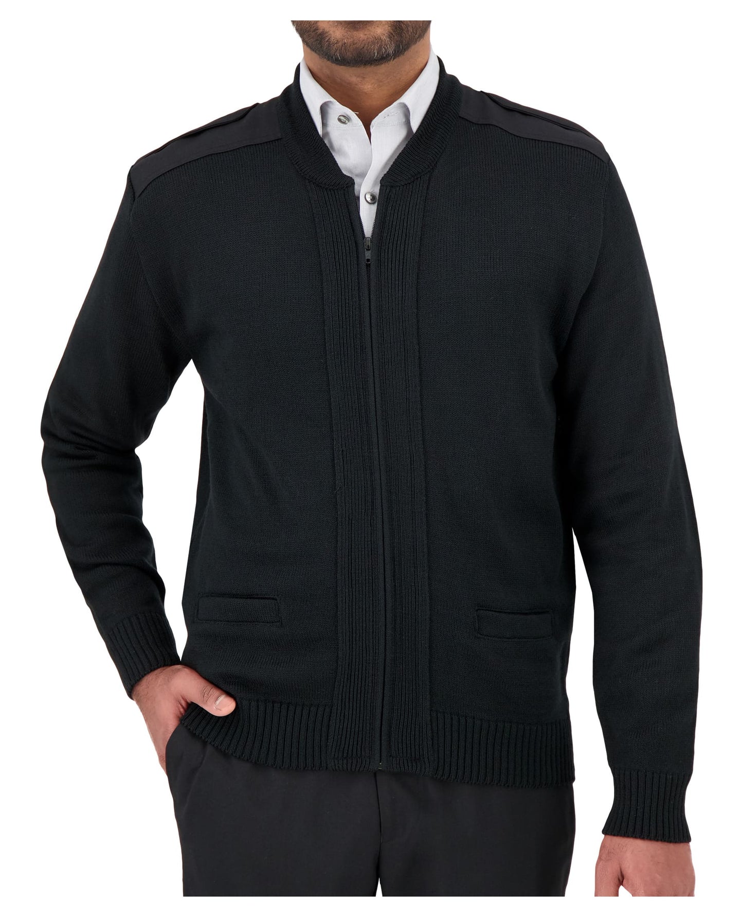 Tricot à glissière style commando avec col ras du cou et épaulettes à fermeture marque VELCRO®, empiècements aux épaules et aux coudes