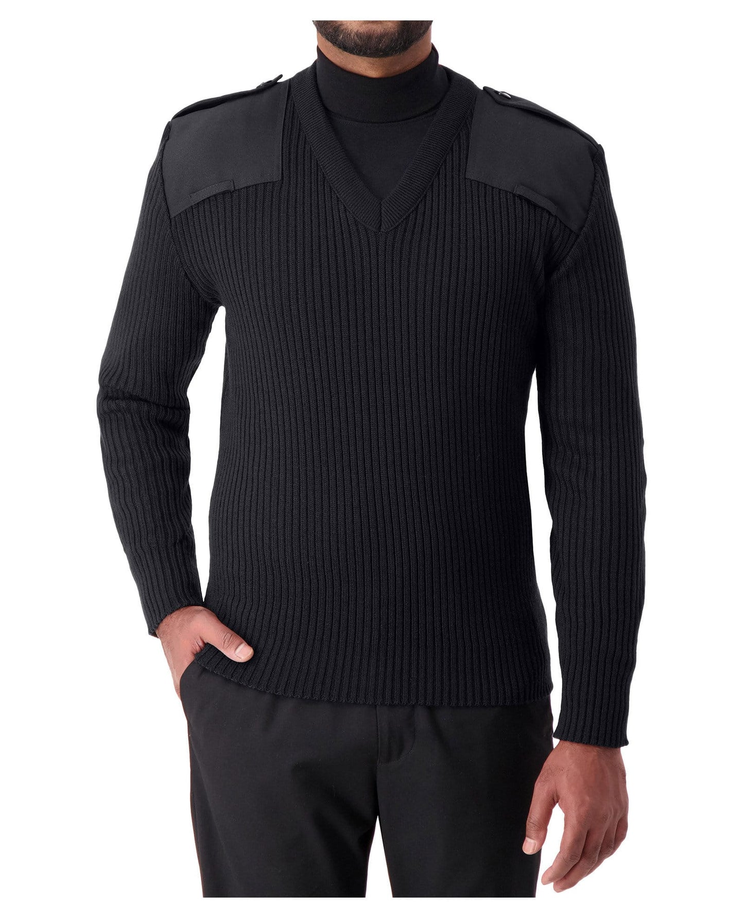 Chandail de style commando en tissu côtelé avec col en V et épaulettes boutonnées, empiècements aux épaules et aux coudes