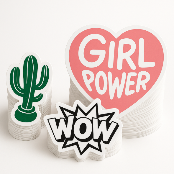 .004 Décalques Formes Spéciales en Vinyle Blanc Mat / adhésif std (1 à 4 pouces carrés) Sérigraphiés