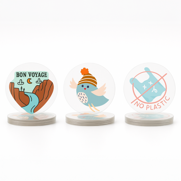 .0015 Décalques Formes Spéciales Polyester Transp. Luisant / face adhésif std pour usage extérieur (1 à 4 pouces carrés) Quadrichromie et blanc