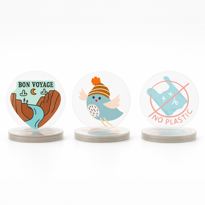 .0015 Décalques Formes Spéciales Polyester Transp. Luisant / face adhésif std pour usage extérieur (1 à 4 pouces carrés) Quadrichromie et blanc