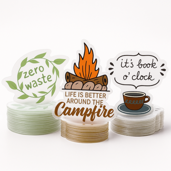 .0015 Décalques Formes Spéciales Polyester Transp. Luisant / endos adhésif std pour usage extérieur (1 à 4 pouces carrés) Quadrichromie et blanc