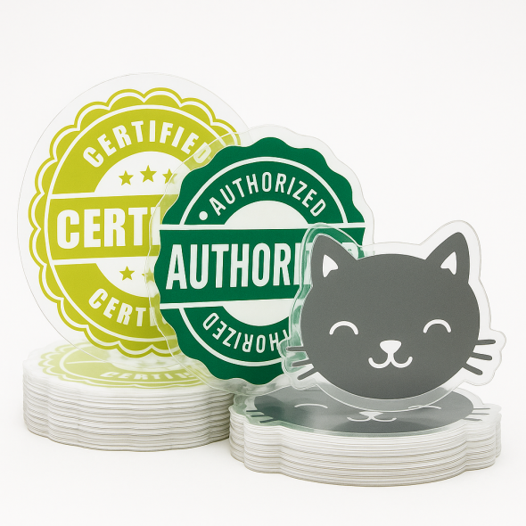 .0015 Décalques Formes Spéciales en Polyester Transp. Luisant / face adhésif std (1 à 4 pouces carrés) Sérigraphiés