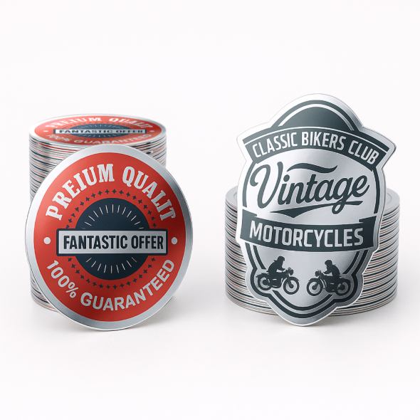 .0015 Décalques Formes Spéciales Polyester Argent Brillant / adhésif std pour usage extérieur (1 à 4 pouces carrés) Quadrichromie et blanc