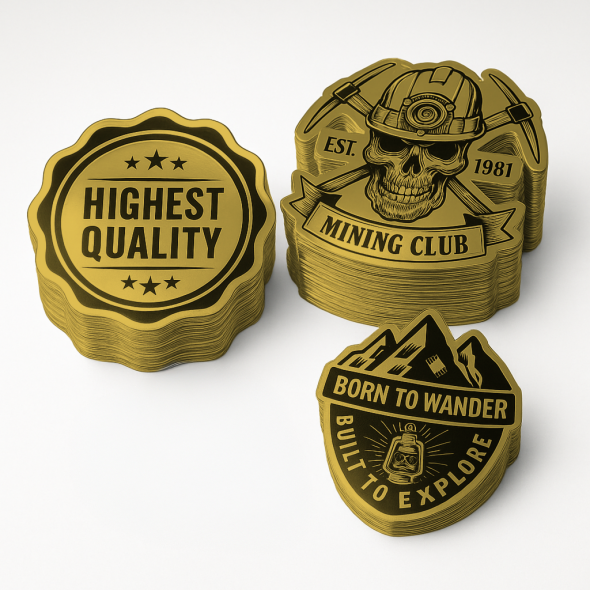 .0015 Décalques Formes Spéciales en Polyester Doré Brillant / adhésif std (1 à 4 pouces carrés) Sérigraphiés