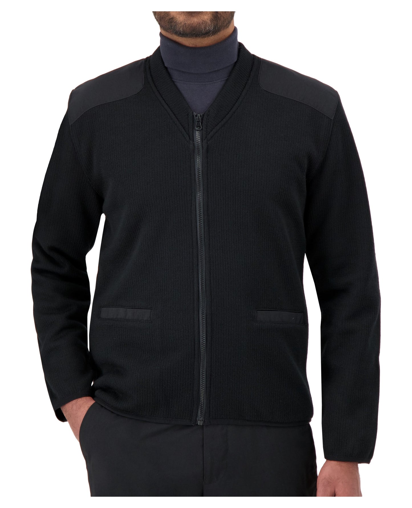 Tricot à glissière style commando doublé de molleton avec col en V et poches, plaque d’insigne en option, plaque d’identification et épaulettes incluses