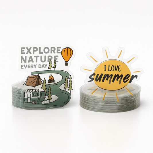 .004 Décalques Formes Spéciales Vinyle Transp. Mat / endos adhésif haute performance pour usage extérieur (1 à 4 pouces carrés) Quadrichromie et blanc