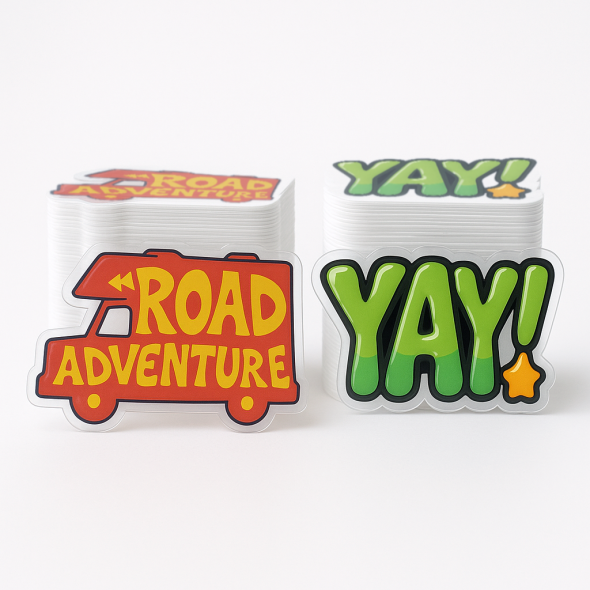 .002 Décalques Formes Spéciales Polyester Transp. Luisant / adhésif haute performance pour usage extérieur (1 à 4 pouces carrés) Quadrichromie et blanc