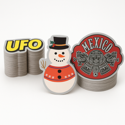 .002 Décalques Formes Spéciales Polyester Argent Mat / adhésif haute performance pour usage extérieur (1 à 4 pouces carrés) Quadrichromie et blanc