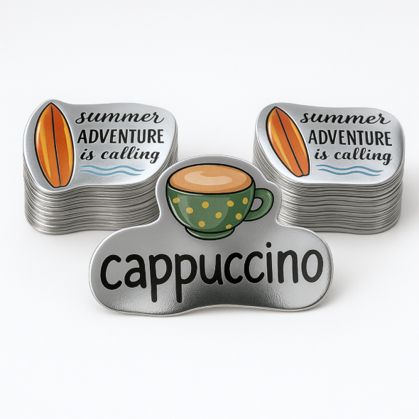 .0015 Décalques Formes Spéciales Polyester Argent Brillant / adhésif std pour usage intérieur (1 à 4 pouces carrés) Quadrichromie