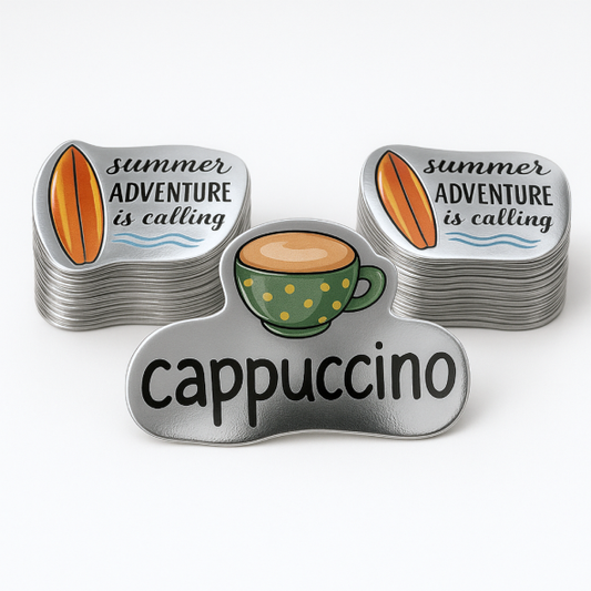 .0015 Décalques Formes Spéciales Polyester Argent Brillant / adhésif std pour usage intérieur (1 à 4 pouces carrés) Quadrichromie