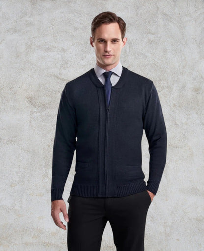 Cardigan à glissière à manches longues avec col ras du cou et poches, ceinture et poignets côtelés