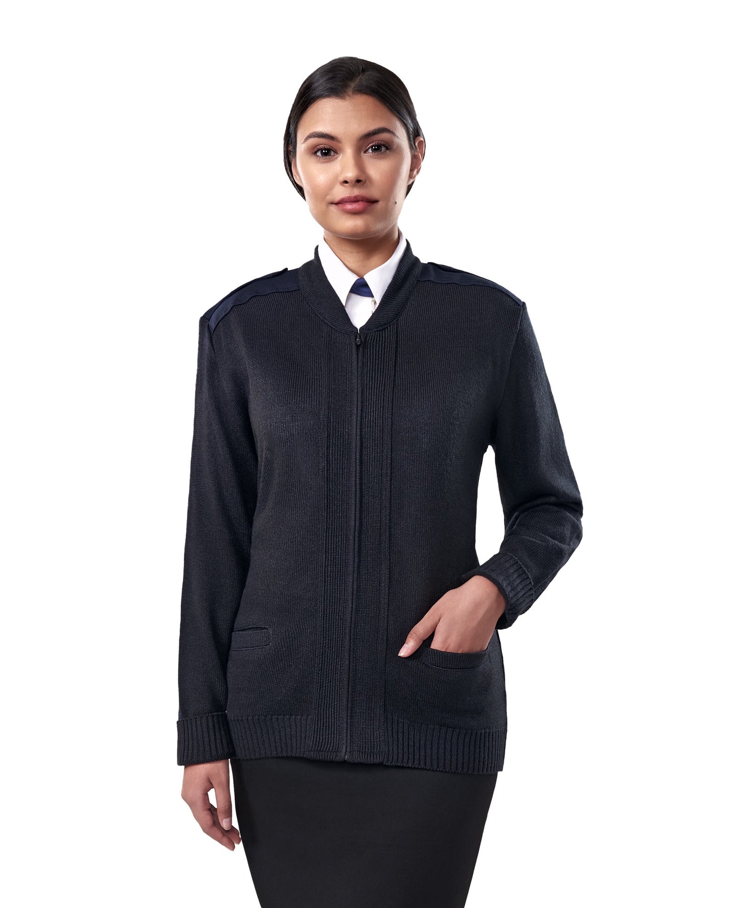 Tricot à glissière style commando avec col ras du cou et épaulettes à fermeture marque VELCRO®, empiècements aux épaules et aux coudes