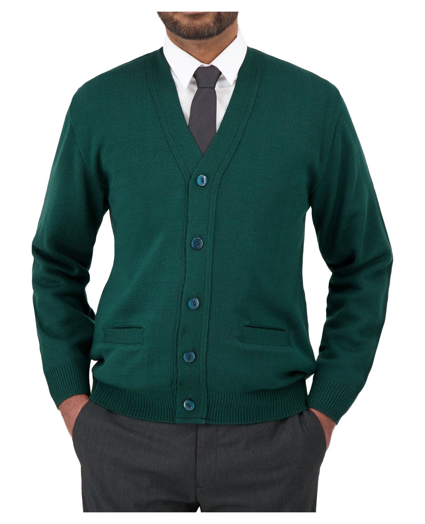 Cardigan boutonné à manches longues avec col ras du cou et poches, ceinture et poignets côtelés
