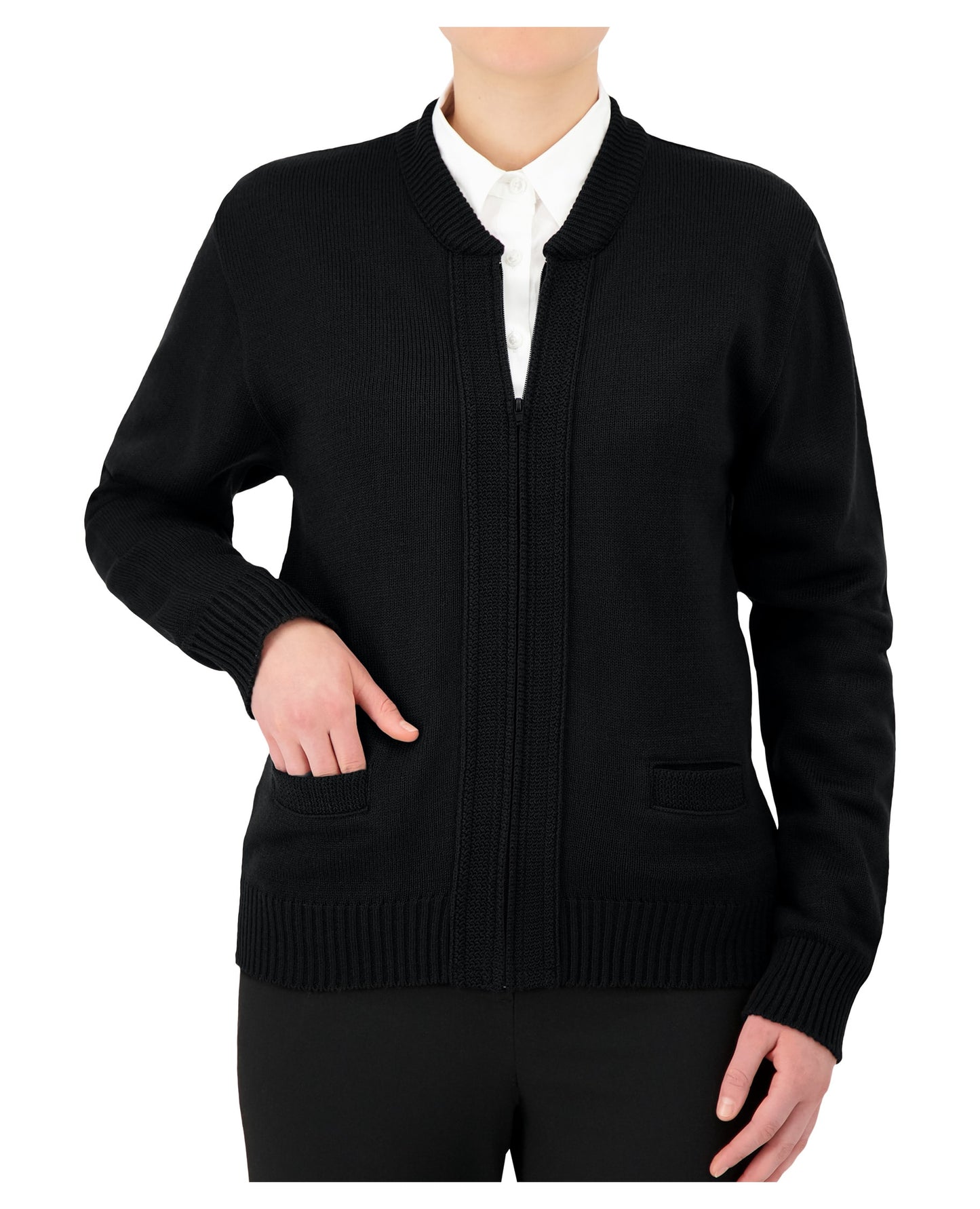 Cardigan à glissière avec col ras du cou et poches, patte ornée au point de grain, coudes renforcés, ceinture et poignets côtelés