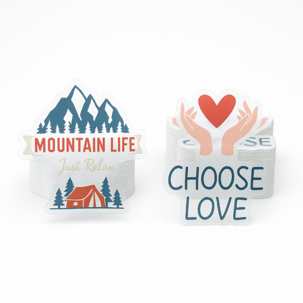 .004 Décalques Formes Spéciales Vinyle Transp. Luisant / endos adhésif faible adhérence pour usage extérieur (1 à 4 pouces carrés) Quadrichromie et blanc