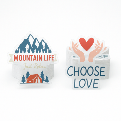 .004 Décalques Formes Spéciales Vinyle Transp. Luisant / endos adhésif faible adhérence pour usage extérieur (1 à 4 pouces carrés) Quadrichromie et blanc