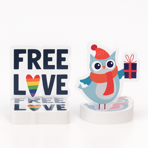 .004 Décalques Formes Spéciales Vinyle Transp. Luisant / face faible adhérence pour usage extérieur (1 à 4 pouces carrés) Quadrichromie et blanc