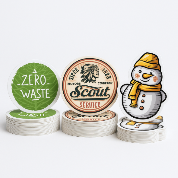 .004 Décalques Formes Spéciales Vinyle Blanc Mat / adhésif faible adhérence pour usage intérieur (1 à 4 pouces carrés) Quadrichromie