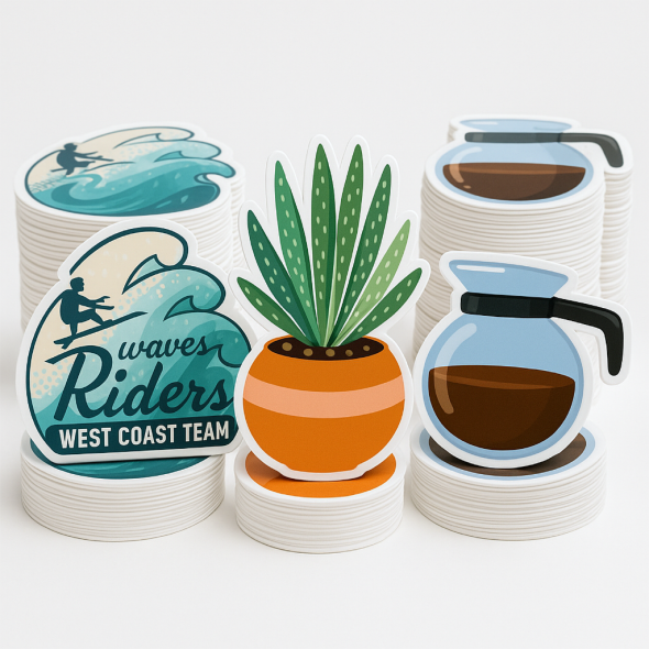 .004 Décalques Formes Spéciales Vinyle Blanc / adhésif haute performance pour usage intérieur (1 à 4 pouces carrés) Quadrichromie