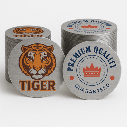 .002 Décalques Formes Spéciales Polyester Aluminium Brossé / adhésif std pour usage extérieur (1 à 4 pouces carrés) Quadrichromie et blanc