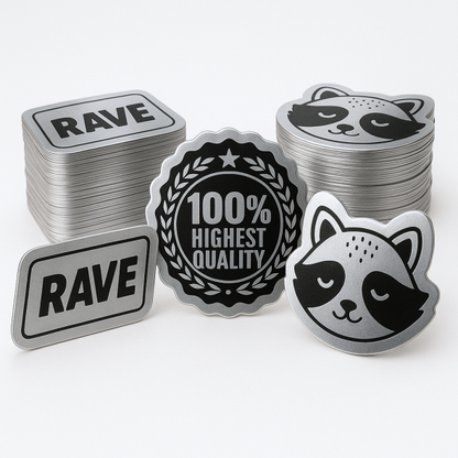 .006 Décalques Formes Spéciales en Polyester Argent Brillant / adhésif std (1 à 4 pouces carrés) Sérigraphiés