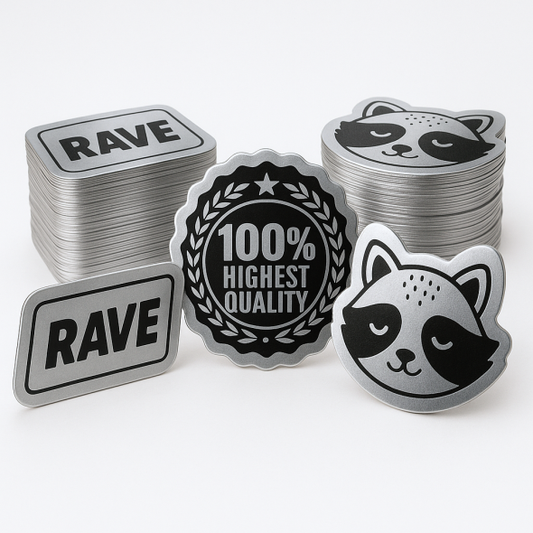 .006 Décalques Formes Spéciales en Polyester Argent Brillant / adhésif std (1 à 4 pouces carrés) Sérigraphiés