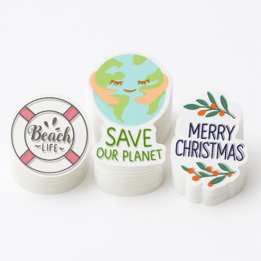 .002 Décalques Formes Spéciales Polyester Transp. / endos adhésif standard pour usage intérieur de longue durée et usage extérieur durée moyenne (1 à 4 pouces carrés) Quadrichromie