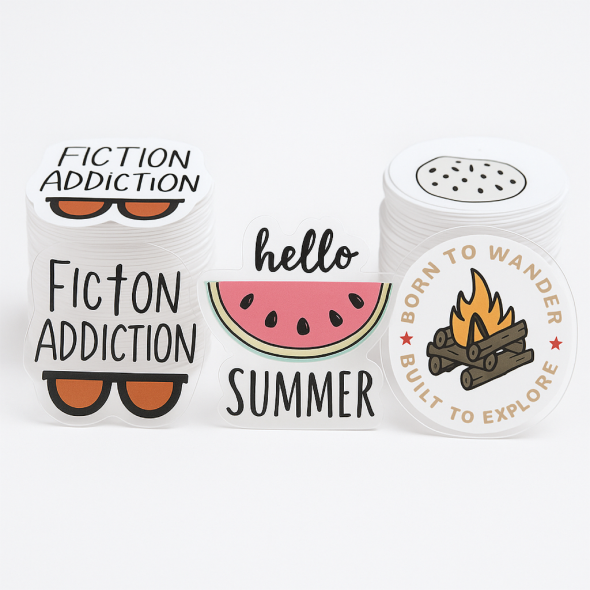 .004 Décalques Formes Spéciales Vinyle Transp. / endos adhésif haute performance pour usage intérieur (1 à 4 pouces carrés) Quadrichromie