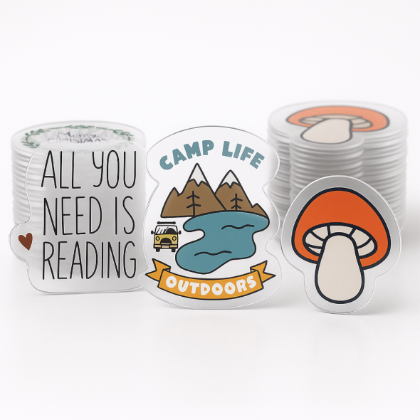 .004 Décalques Formes Spéciales Vinyle Transp. / endos adhésif amovible pour usage intérieur (1 à 4 pouces carrés) Quadrichromie