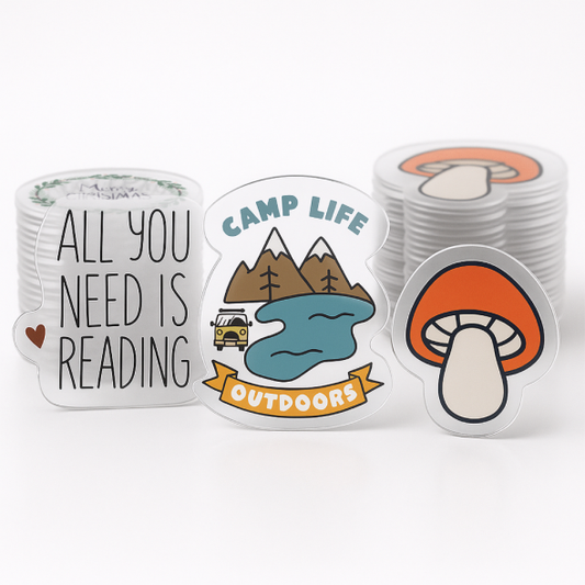 .004 Décalques Formes Spéciales Vinyle Transp. / endos adhésif amovible pour usage intérieur (1 à 4 pouces carrés) Quadrichromie