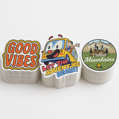 .004 Décalques Formes Spéciales Vinyle Blanc / adhésif gris haute performance pour usage extérieur (1 à 4 pouces carrés) Quadrichromie