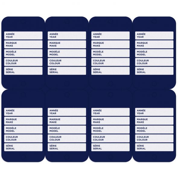 Étiquette Polyéthylène de couleur (1.5" x 2.5") pour concessionnaire automobile, sérigraphié en blanc au recto et au verso