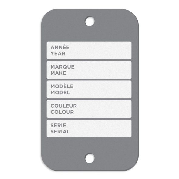 Étiquette Polyéthylène de couleur (1.5" x 2.5") pour concessionnaire automobile, sérigraphié en blanc au recto et au verso