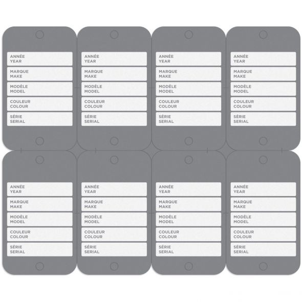Étiquette Polyéthylène de couleur (1.5" x 2.5") pour concessionnaire automobile, sérigraphié en blanc au recto et au verso