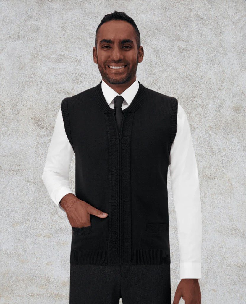 Gilet à glissière avec col ras du cou, patte ornée au point de graine et poches